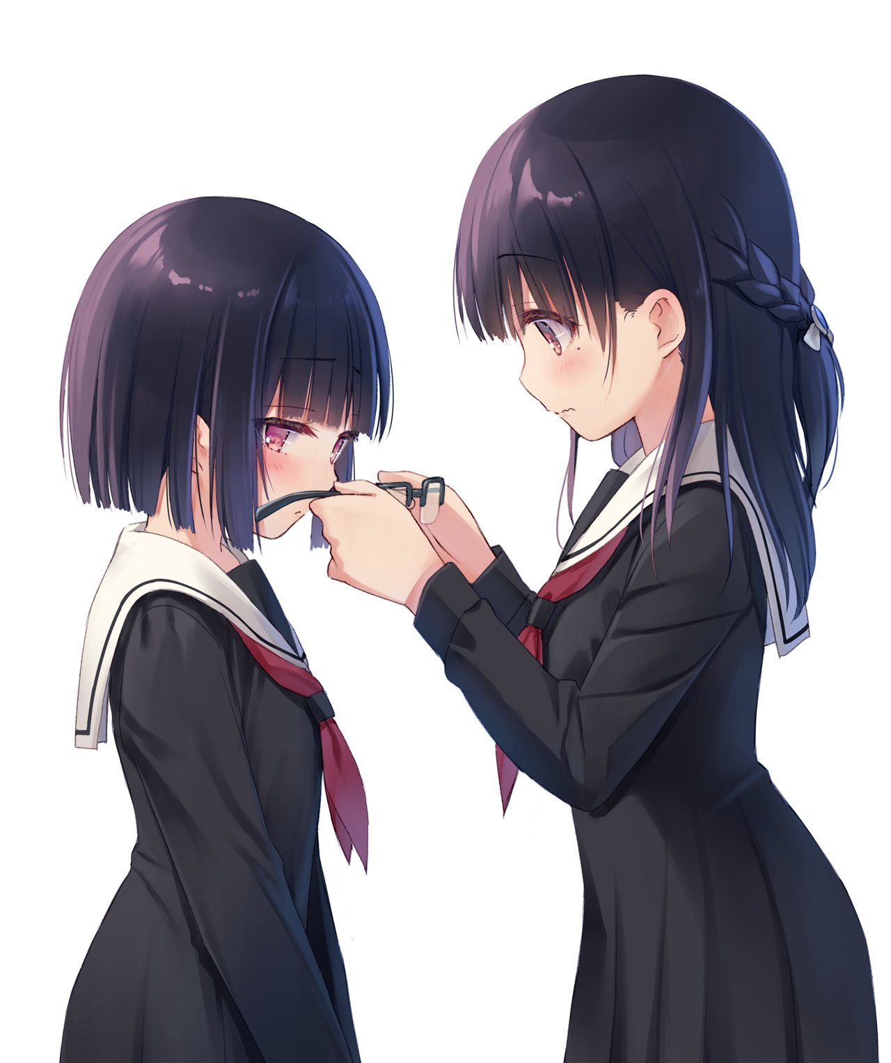 2girls bangs black_dress black_hair blunt_bangs blush breasts brown_eyes closed_mouth commentary_request cowboy_shot dress from_side highres holding holding_eyewear long_sleeves looking_at_another looking_to_the_side medium_hair multiple_girls na-ga neckerchief original red_neckerchief sailor_collar school_uniform semi-rimless_eyewear serafuku short_hair small_breasts standing violet_eyes white_background white_sailor_collar yuri