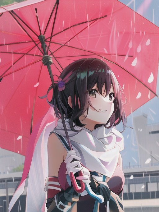 1girl black_gloves black_hair brown_eyes commentary_request fingerless_gloves gbfwakannnaiman gloves kantai_collection parted_lips rain red_umbrella sailor_collar scarf school_uniform sendai_(kancolle) sendai_kai_ni_(kancolle) serafuku shirt sleeveless sleeveless_shirt smile solo two_side_up umbrella upper_body white_sailor_collar white_scarf