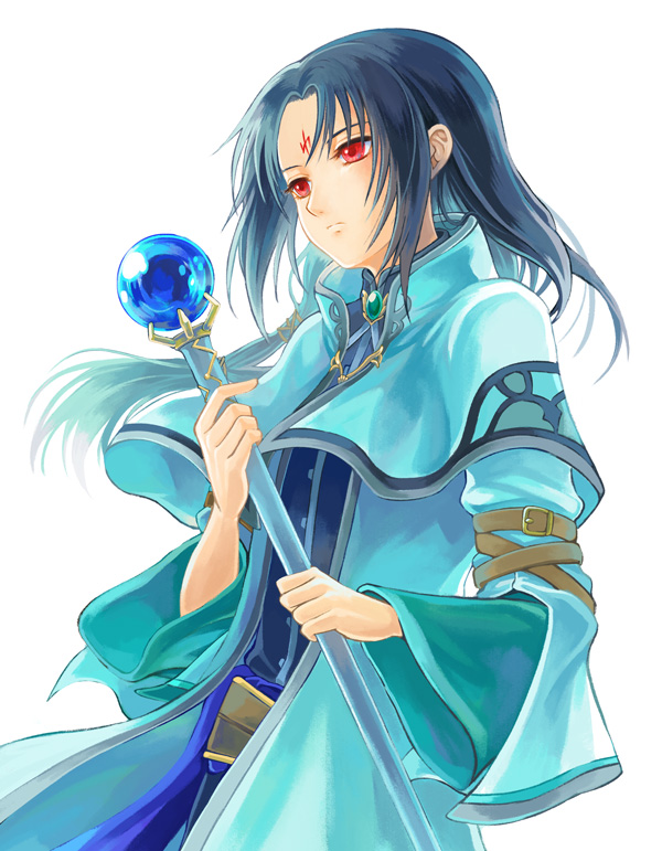 1boy akuru_(akr369akr) aqua_gemstone arm_belt belt black_hair brown_belt capelet closed_mouth facial_mark fire_emblem fire_emblem:_radiant_dawn forehead_mark frown hair_intakes holding holding_staff long_hair long_sleeves male_focus red_eyes simple_background solo soren_(fire_emblem) staff white_background white_capelet wide_sleeves