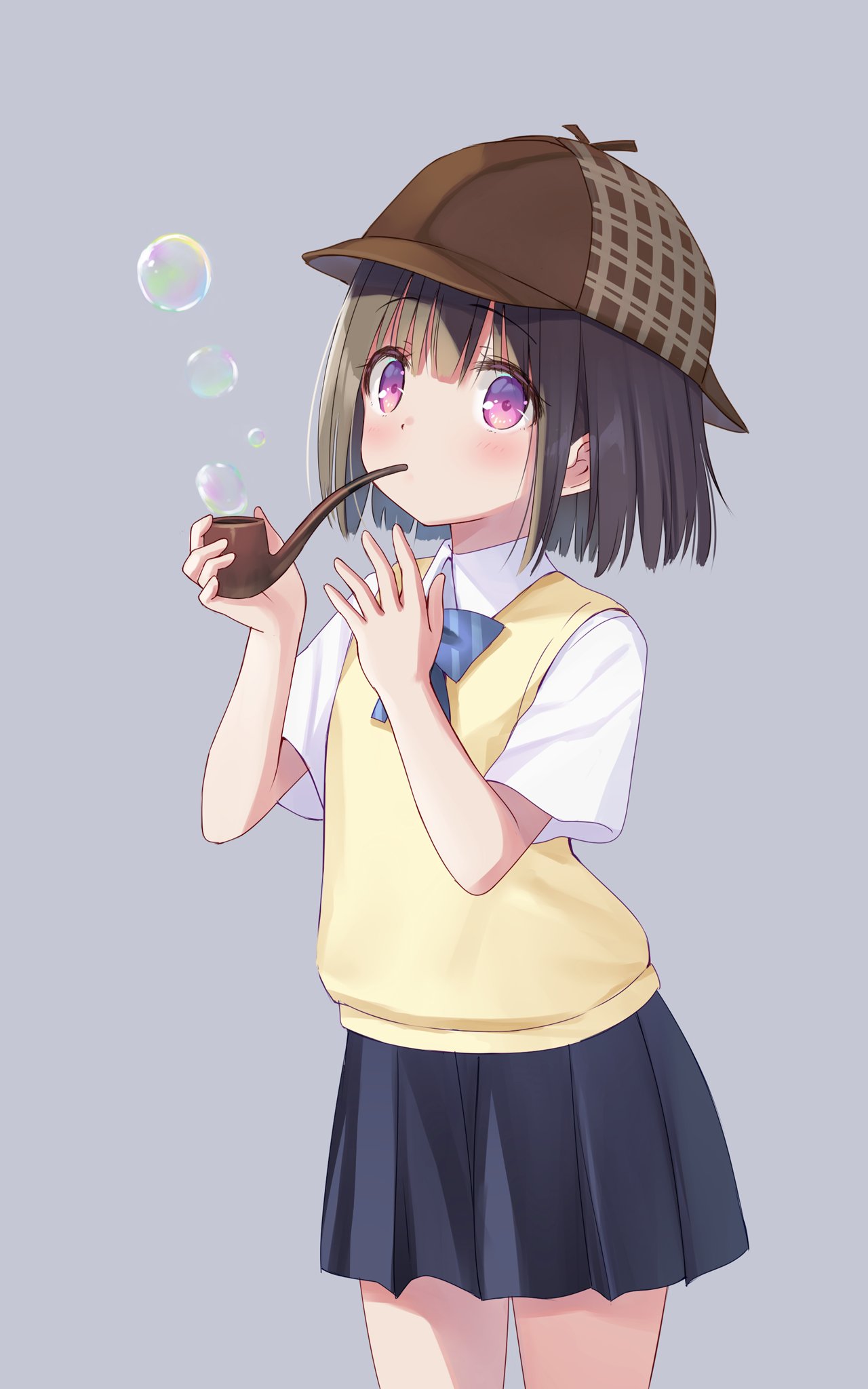 1girl bangs black_skirt blue_bow blue_bowtie blush bow bowtie brown_hair brown_headwear bubble_blowing collared_shirt commentary_request cowboy_shot deerstalker grey_background hair_between_eyes hands_up hat highres holding holding_smoking_pipe looking_at_viewer na-ga original pipe_in_mouth pleated_skirt school_uniform shirt short_sleeves simple_background skirt smoking_pipe soap_bubbles solo standing sweater_vest violet_eyes white_shirt yellow_sweater_vest