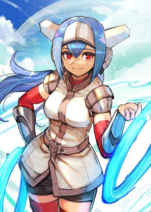 armor bangs black_shorts blue_hair blue_sky boots breasts closed_mouth clouds crosscode day energy_rings hair_between_eyes hand_on_hip headgear hide_(hideout) holding holding_weapon lea_(crosscode) light_smile long_hair looking_at_viewer medium_breasts pauldrons red_eyes shirt shorts shoulder_armor sky standing surcoat thigh_boots undershirt vambraces weapon