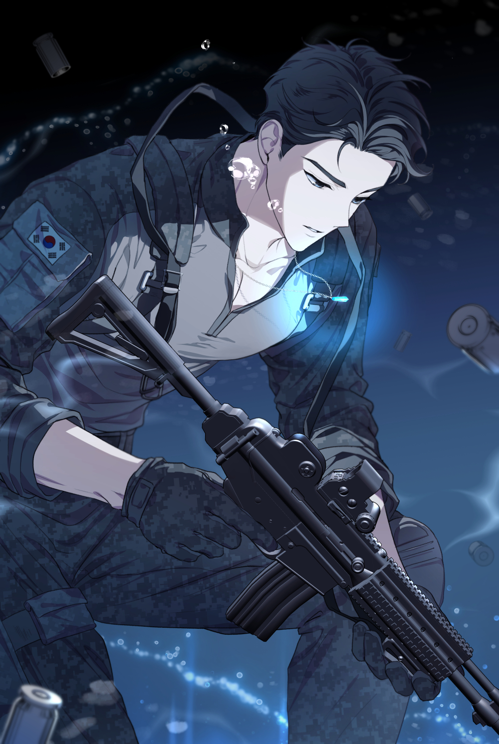 1boy air_bubble black_hair bubble bullet camouflage camouflage_gloves character_request collarbone commentary_request eoduun_badaui_deungbul-i_doeeo gloves glowing_jewelry gun highres holding holding_gun holding_weapon jewelry korean_commentary male_focus naan_dmj necklace one_knee parted_lips pectoral_cleavage pectorals solo south_korean_flag water weapon weapon_request