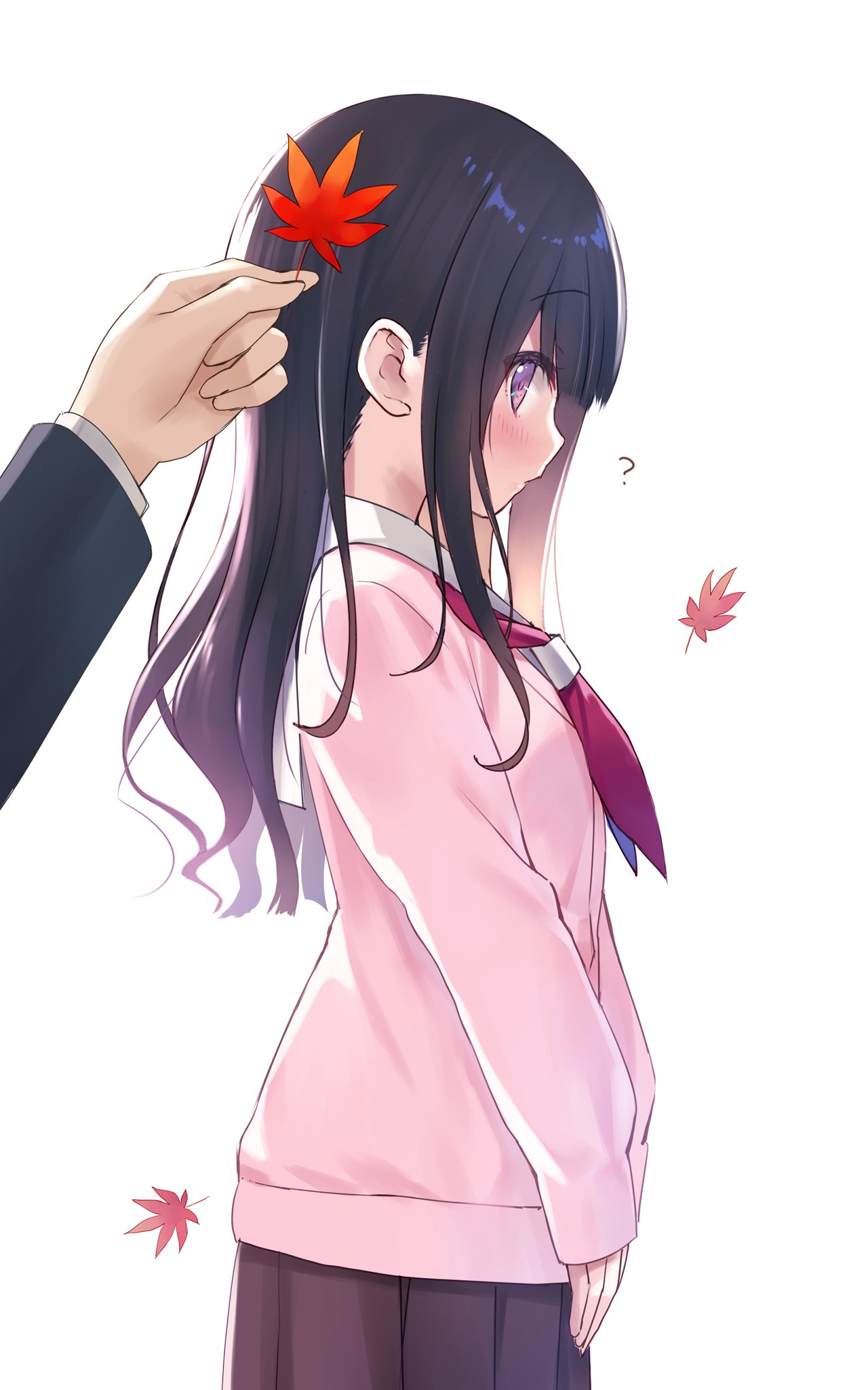 1girl 1other ? bangs black_hair blush breasts cardigan cowboy_shot falling_leaves from_side highres holding holding_leaf leaf long_hair looking_at_viewer looking_to_the_side na-ga neckerchief original out_of_frame pink_cardigan pleated_skirt profile red_neckerchief sailor_collar skirt small_breasts solo_focus standing violet_eyes white_background white_sailor_collar
