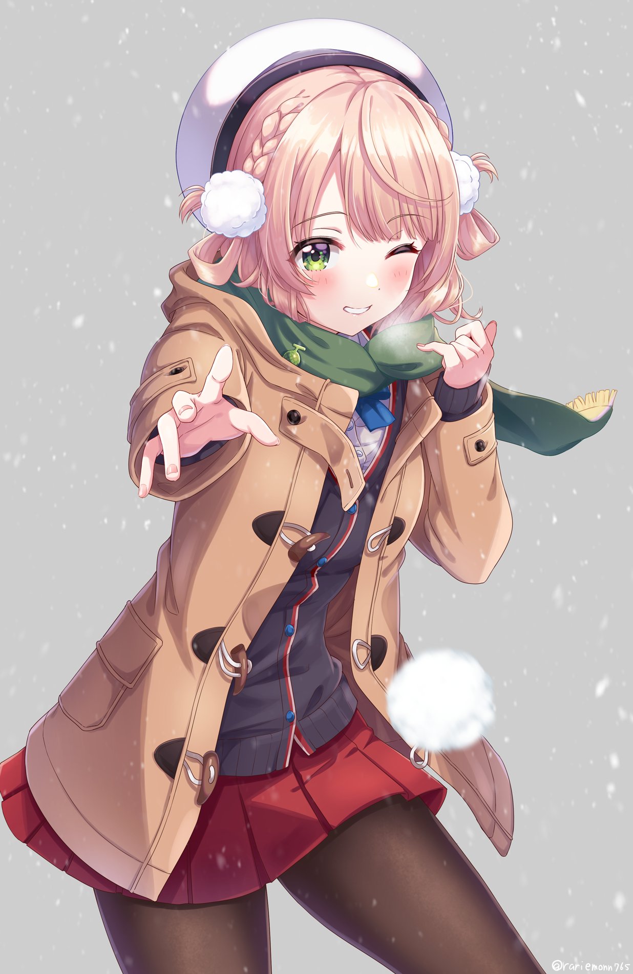 1girl beret braid cardigan coat french_braid green_eyes grin hair_rings hat highres indie_virtual_youtuber light_brown_hair miniskirt one_eye_closed pantyhose pom_pom_(clothes) rariemonn red_skirt scarf school_uniform shigure_ui_(vtuber) short_hair skirt sleeves_past_wrists smile snow snowing solo virtual_youtuber