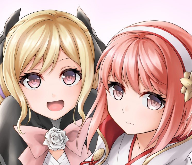 2girls :d black_bow bow bowtie closed_mouth elise_(fire_emblem) eyelashes fire_emblem fire_emblem_fates flower hair_bow hairband long_hair multiple_girls multiple_hair_bows open_mouth pink_bow pink_bowtie pink_eyes pink_hair rose sakura_(fire_emblem) short_hair simple_background smile ten_(tenchan_man) wavy_mouth white_background white_flower white_hairband white_rose