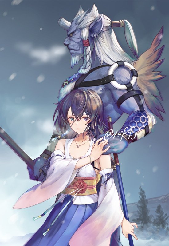 1boy 1girl bare_shoulders black_bra blue_eyes blue_fur blue_skirt bra bracelet braid breasts brown_hair claws cowboy_shot detached_sleeves final_fantasy final_fantasy_x green_eyes hair_between_eyes half_updo hand_on_another's_shoulder heterochromia holding holding_hands holding_staff horns jewelry kimahri_ronso long_skirt looking_at_viewer medium_breasts medium_hair necklace nontraditional_miko outdoors pleated_skirt ponytail ring sasanomesi shirt sidelocks single_horn skirt snow staff tree twitter_username underwear white_hair white_shirt white_sleeves wide_sleeves winter yellow_eyes yuna_(ff10)