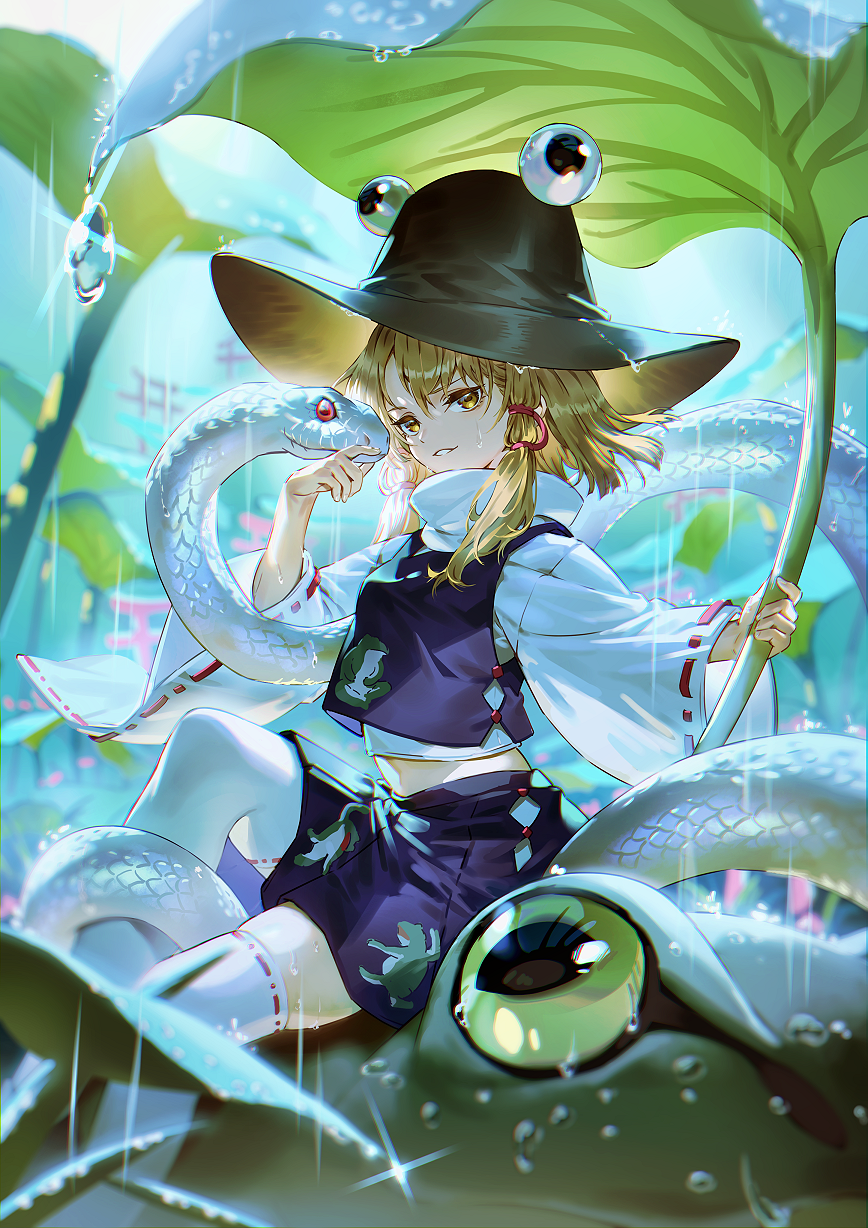 1girl animal animal_print bangs blonde_hair blue_theme brown_headwear frog frog_print hat highres leaf looking_at_viewer mishaguji moriya_suwako multiple_torii outdoors oversized_animal parted_lips purple_skirt purple_vest rain red_eyes ribbon-trimmed_legwear ribbon-trimmed_sleeves ribbon_trim shirt short_hair sidelocks skirt snake thigh-highs torii touhou u_u_zan vest white_shirt white_thighhighs wide_sleeves yellow_eyes