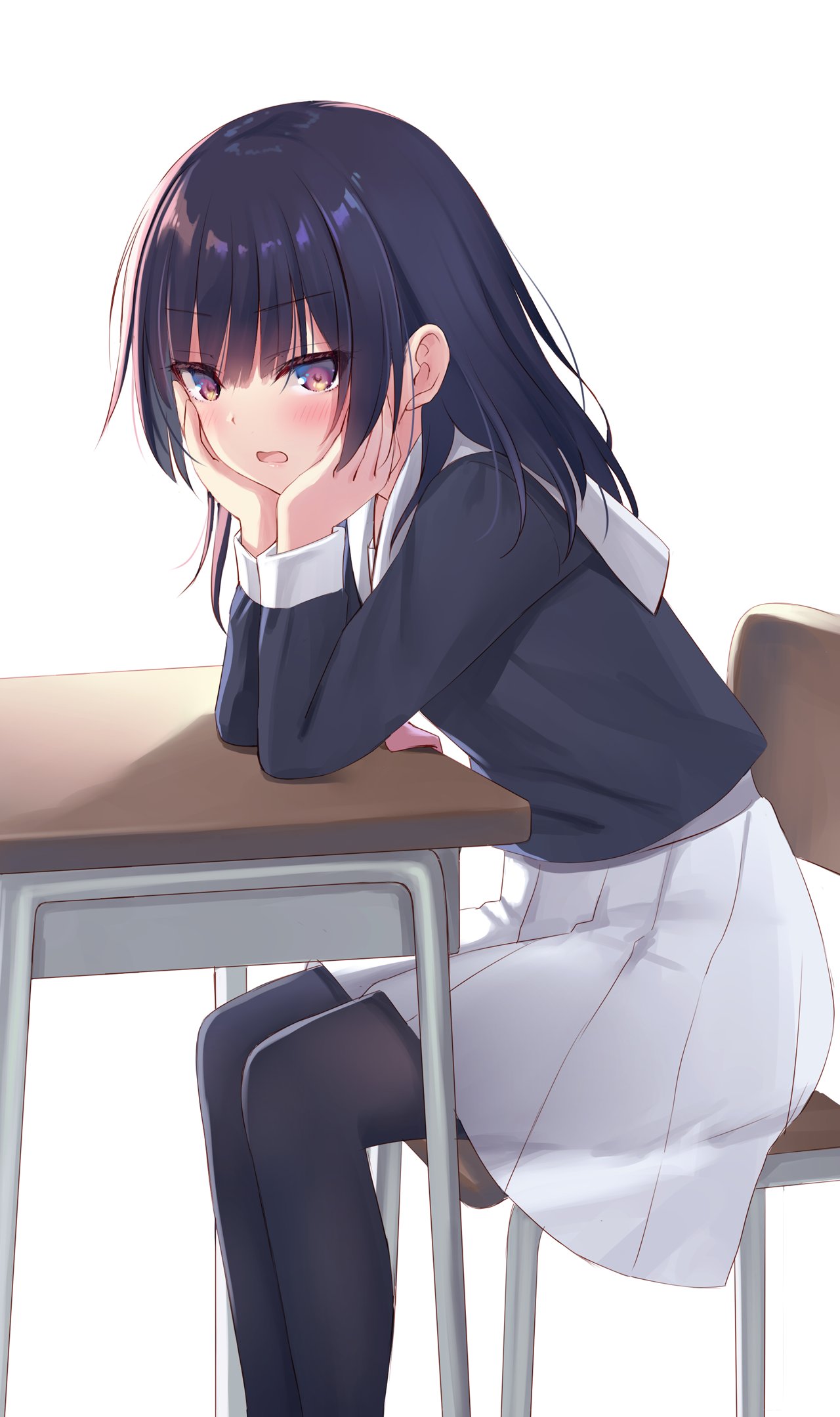 1girl black_hair black_pantyhose black_serafuku blush chair commentary_request desk elbow_rest feet_out_of_frame hands_on_own_face hands_up highres long_sleeves looking_at_viewer na-ga on_chair open_mouth original pantyhose pleated_skirt sailor_collar school_chair school_desk school_uniform serafuku shirt sitting skirt solo violet_eyes white_background white_sailor_collar white_shirt white_skirt