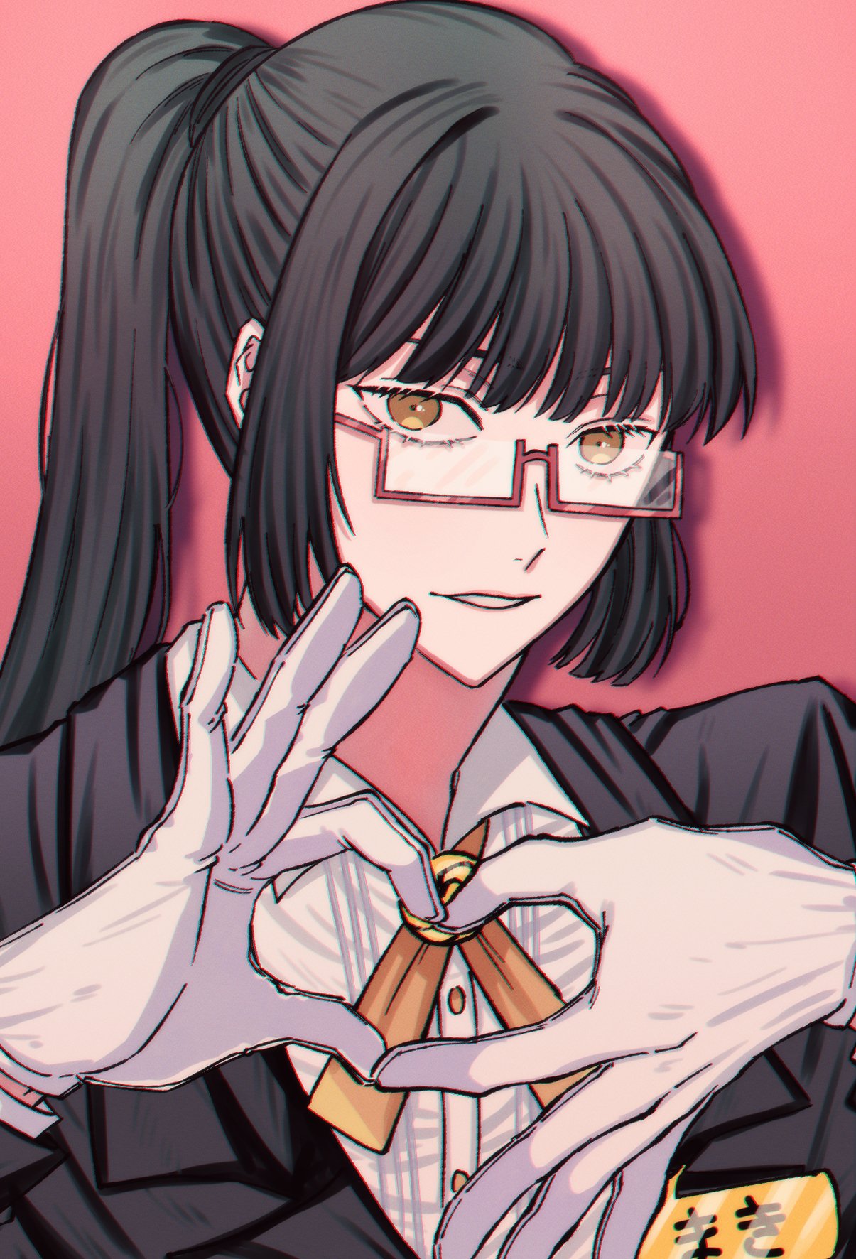 1girl bangs black_hair black_jacket butler crossdressing fushirun_rung glasses gloves heart heart_hands highres jacket jujutsu_kaisen korean_commentary long_hair long_sleeves looking_at_viewer parted_lips pink_background ponytail ribbon shirt simple_background solo white_gloves white_shirt yellow_eyes zen'in_maki