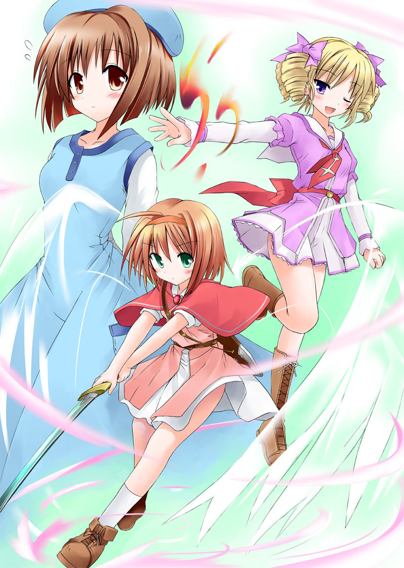 3girls :d ahoge arche_plumfield bangs blonde_hair blue_dress blue_headwear blush bow breasts brown_eyes brown_hair closed_mouth commentary_request dress drill_hair fortune_summoners full_body green_eyes hair_between_eyes hair_bow hairband hat holding holding_sword holding_weapon layered_sleeves long_sleeves looking_at_viewer medium_hair multiple_girls necktie one_eye_closed open_mouth orange_hairband pink_bow pink_shirt quad_drills red_necktie red_sash sana_poanet sash shirt short_dress short_hair short_over_long_sleeves short_sleeves skirt sleeveless sleeveless_dress small_breasts smile stella_mayberk suika_(kinokoh) sword violet_eyes weapon white_dress white_shirt white_skirt