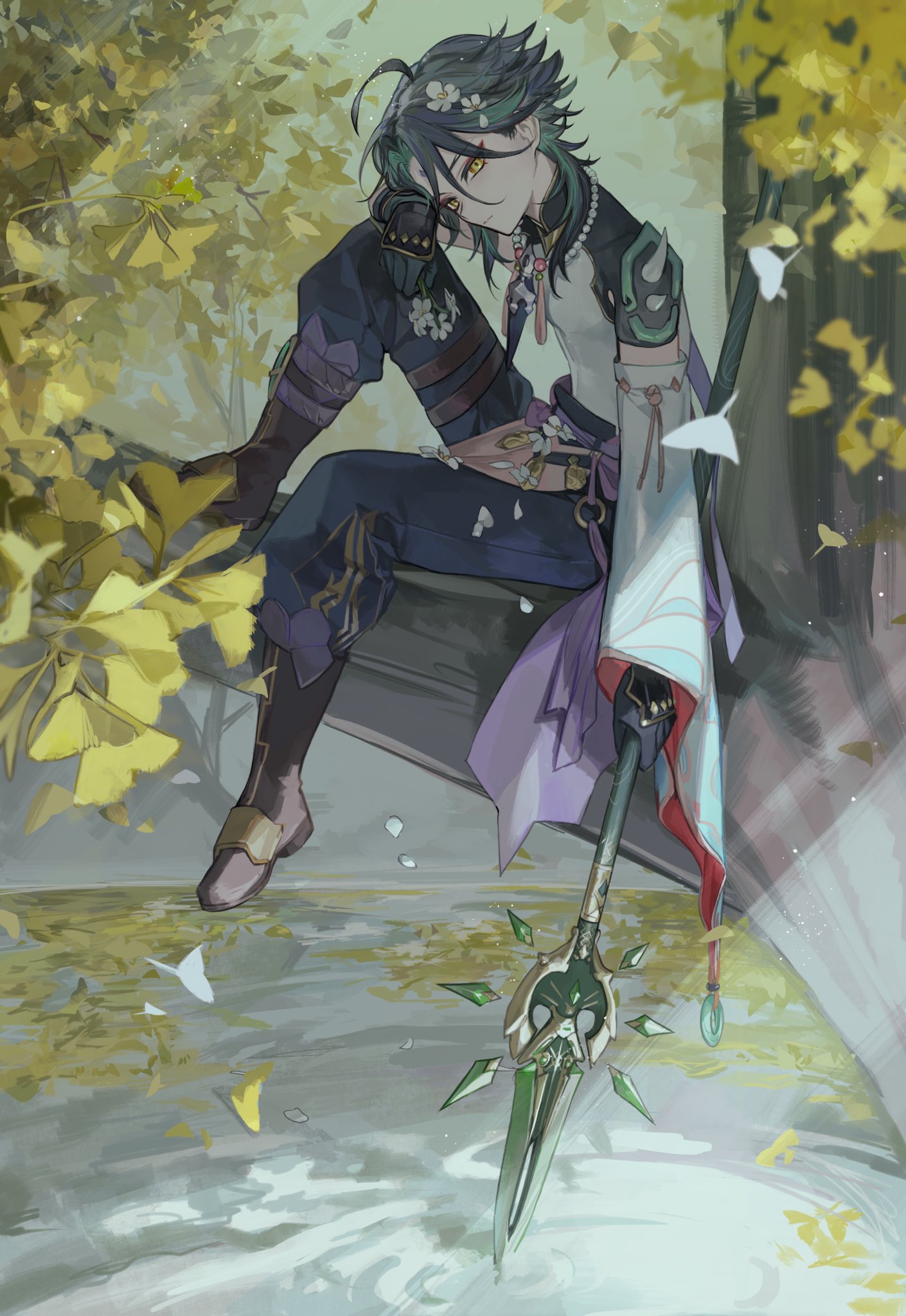 1boy ahoge arm_up armor autumn_leaves baggy_pants bangs belt black_gloves black_hair blue_pants boots bow branch brown_footwear commentary_request crystal detached_sleeves flower genshin_impact gloves green_hair grey_flower grey_shirt grey_sky ground hair_between_eyes hair_flower hair_ornament hand_on_own_knee hand_up highres holding holding_weapon jewelry lake leaf long_sleeves looking_at_viewer mandarin_collar multicolored_hair necklace outdoors pants pearl_necklace petals pom_pom_(clothes) primordial_jade_winged-spear_(genshin_impact) purple_belt purple_bow shirt short_hair shoulder_armor single_detached_sleeve sitting sky solo sword tassel tree two-tone_hair vision_(genshin_impact) water weapon wide_sleeves xiao_(genshin_impact) yellow_eyes zaso