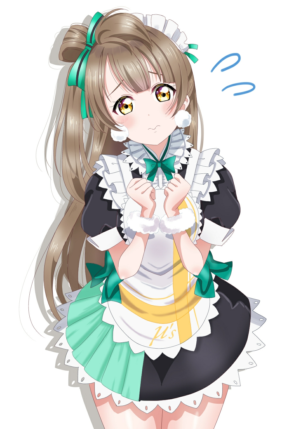 1girl apron asymmetrical_hair bangs black_dress blunt_bangs bow bowtie brown_hair clenched_hands closed_mouth commentary cowboy_shot dress drop_shadow flying_sweatdrops green_bow green_bowtie hair_tuft hands_up headdress highres long_hair looking_at_viewer love_live! love_live!_school_idol_project maid maid_apron minami_kotori minami_yuka_(kimikoko_thanks) mogyutto_"love"_de_sekkin_chuu! puffy_short_sleeves puffy_sleeves short_dress short_sleeves simple_background solo straight-on tareme upturned_eyes waist_bow wavy_mouth white_background worried yellow_eyes