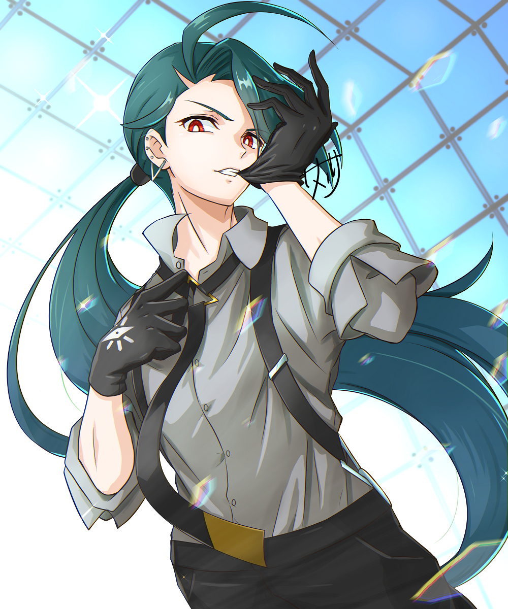 1girl ahoge black_gloves black_necktie black_pants bright_pupils buttons clenched_teeth collared_shirt commentary_request eyelashes gloves green_hair grey_shirt highres long_hair mouth_hold necktie pants pokemon pokemon_(game) pokemon_sv ponytail red_eyes rika_(pokemon) shiny shiny_hair shirt skarameru solo suspenders teeth white_pupils