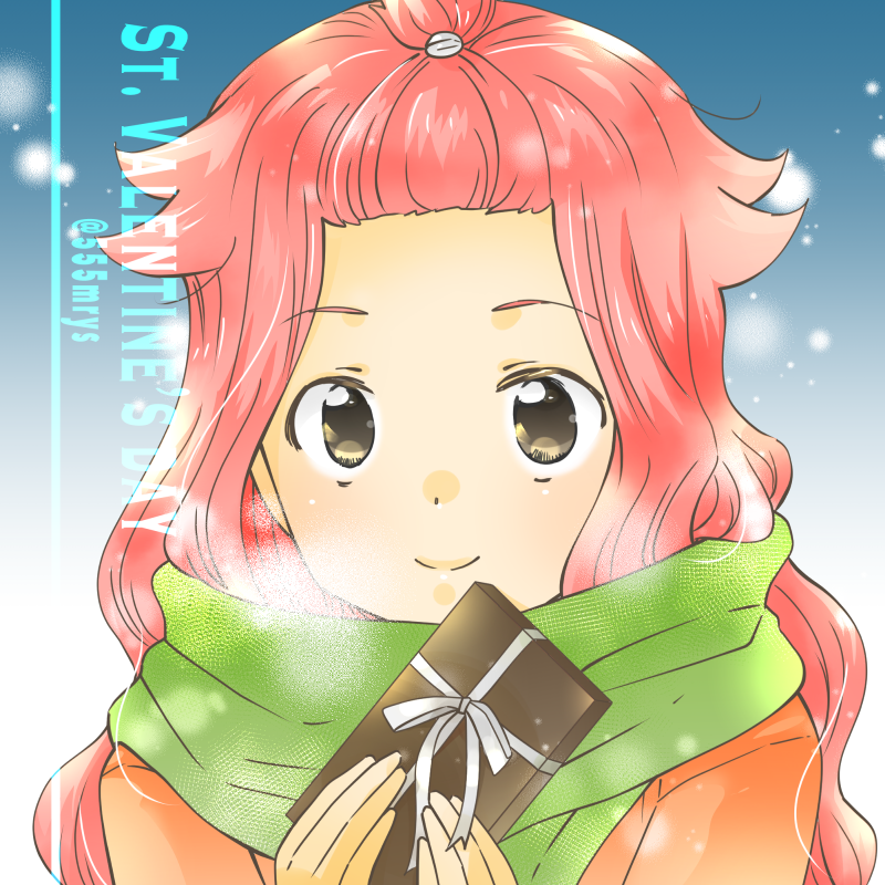 1girl 555mrys artist_name box box_of_chocolates brown_eyes chocolate closed_mouth etra-chan_wa_mita! food forehead green_scarf hair_flaps holding holding_chocolate holding_food long_hair looking_at_viewer orange_sweater pink_hair scarf smile solo sweater topknot twitter_username valentine watermark yuri_(etra-chan_wa_mita!)