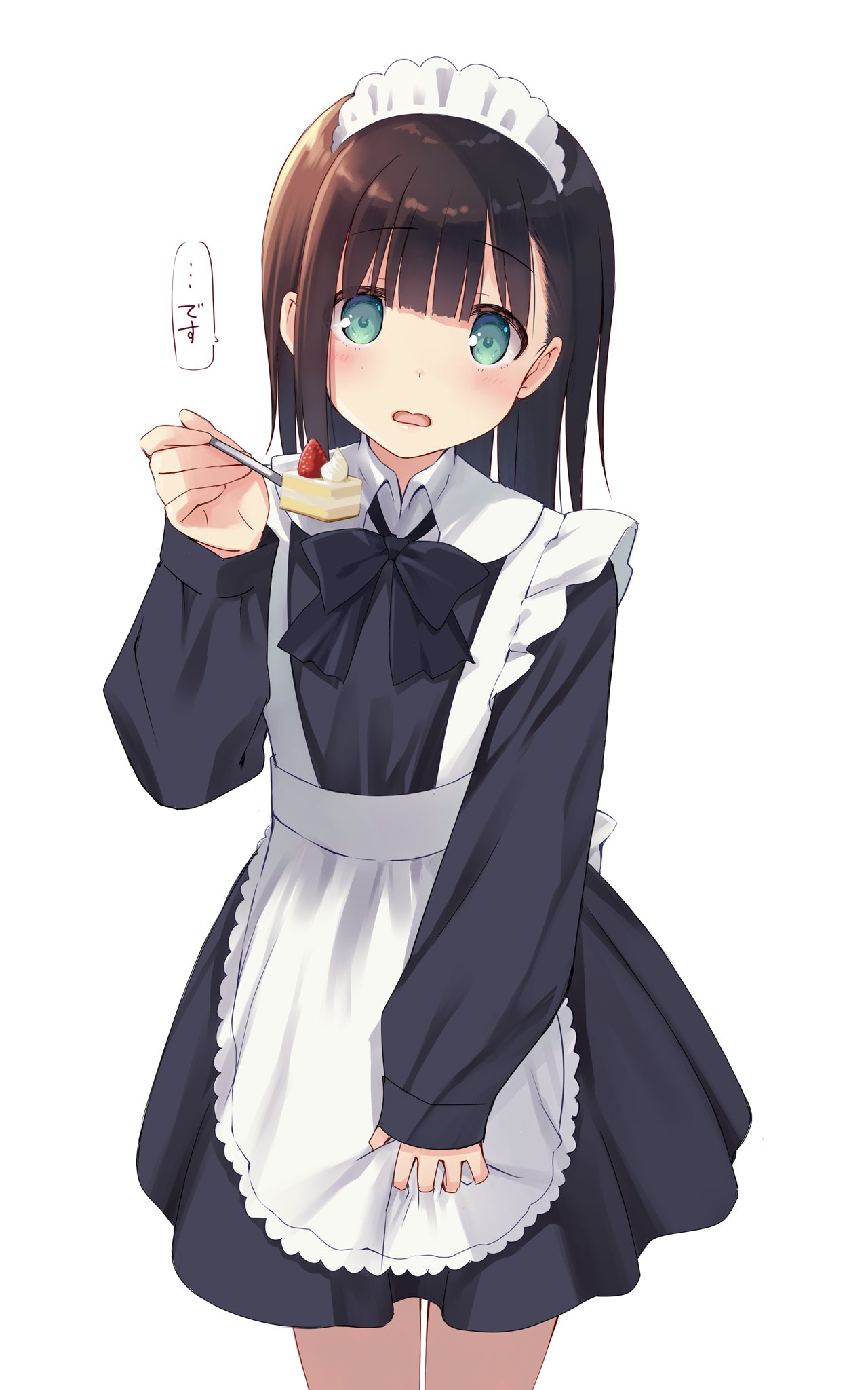 1girl apron apron_grab bangs black_bow black_bowtie black_dress blunt_bangs blush bow bowtie brown_hair cake commentary_request cowboy_shot dress food fork frilled_apron frills fruit green_eyes hand_up highres holding holding_fork long_hair long_sleeves looking_at_viewer maid maid_apron maid_headdress na-ga open_mouth original simple_background sleeves_past_wrists solo speech_bubble standing strawberry translation_request white_background