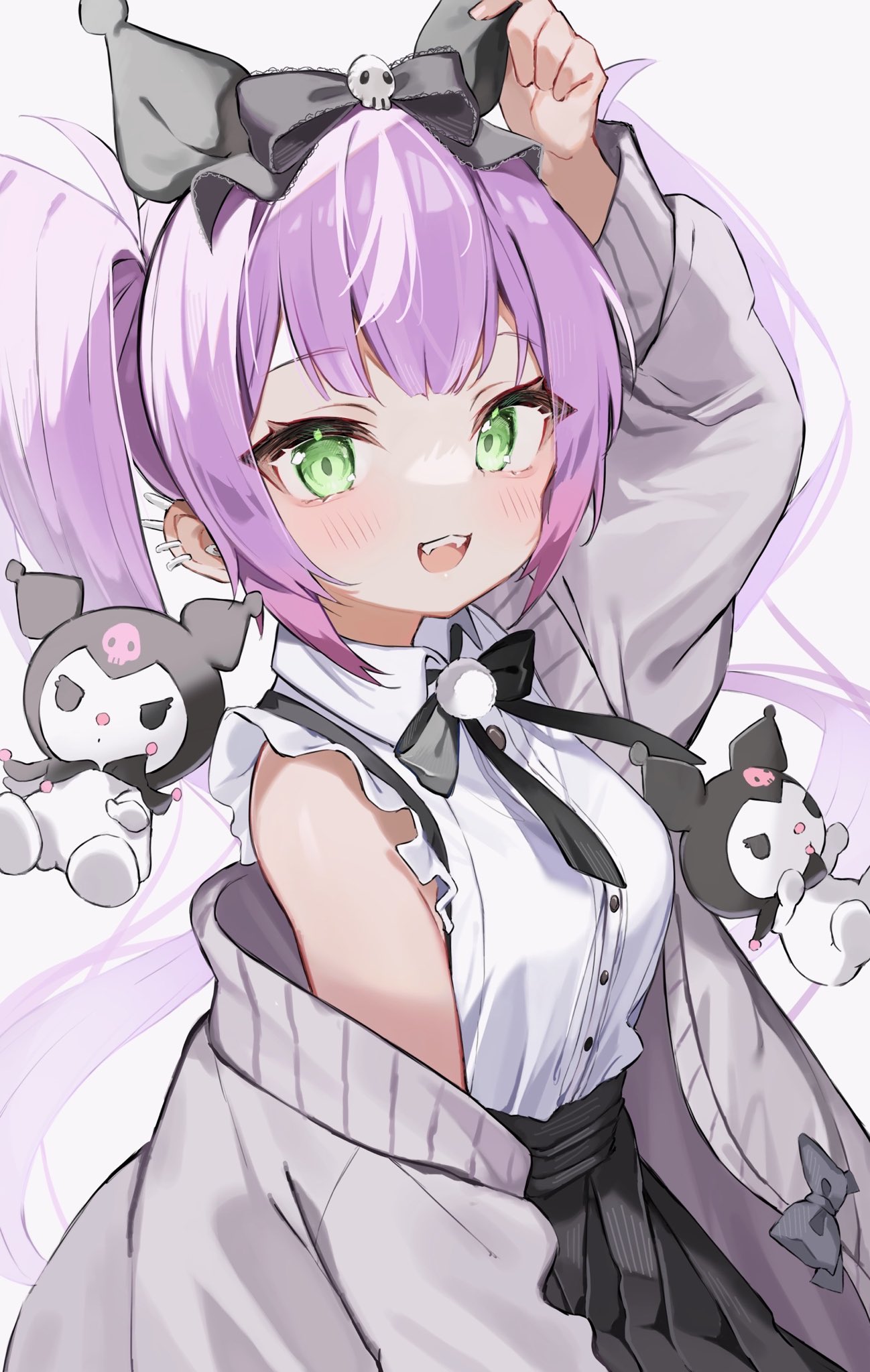 1girl akiho_(akiho1027) alternate_hairstyle black_bow black_bowtie black_skirt blush bow bowtie cardigan collared_shirt ear_piercing frilled_shirt frills gradient_hair grey_cardigan hair_bow high-waist_skirt highres jirai_kei kuromi long_hair looking_at_viewer multicolored_hair official_alternate_costume onegai_my_melody open_cardigan open_clothes open_mouth piercing pink_hair pleated_skirt pointy_ears pom_pom_(clothes) purple_hair shirt skirt sleeveless sleeveless_shirt smile solo suspender_skirt suspenders tokoyami_towa virtual_youtuber white_shirt