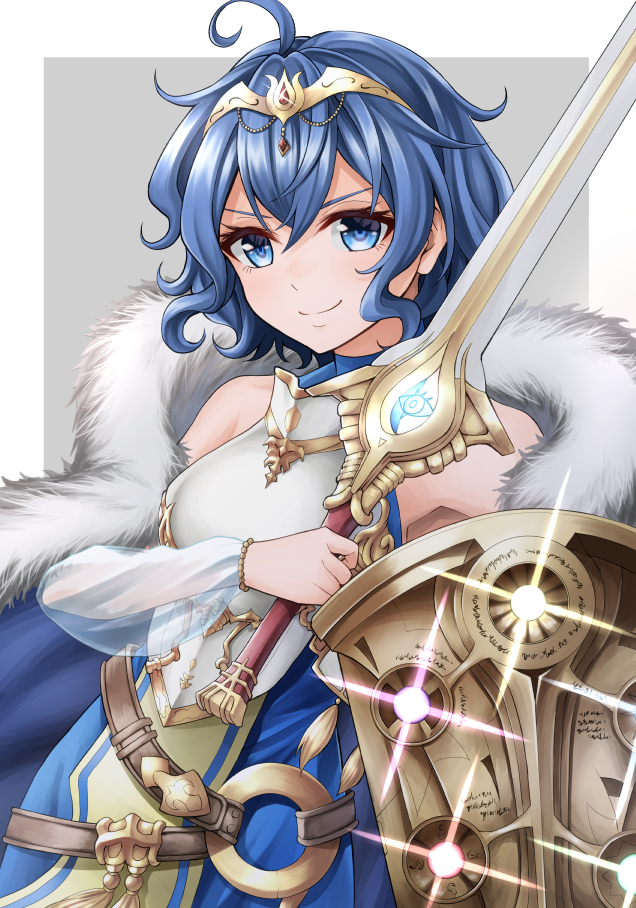 1girl ahoge armor armored_dress bangs bare_shoulders bead_bracelet beads blue_cape blue_dress blue_eyes blue_hair bracelet breastplate cape closed_mouth detached_sleeves dress falchion_(fire_emblem) fire_emblem fire_emblem_awakening fur-trimmed_cape fur_trim gem glint hair_between_eyes holding holding_shield holding_sword holding_weapon jewelry long_sleeves looking_at_viewer morgan_(fire_emblem) morgan_(fire_emblem)_(female) red_gemstone see-through see-through_sleeves shield short_hair smile solo sparkle split_mouth sword tassel ten_(tenchan_man) tiara v-shaped_eyebrows weapon