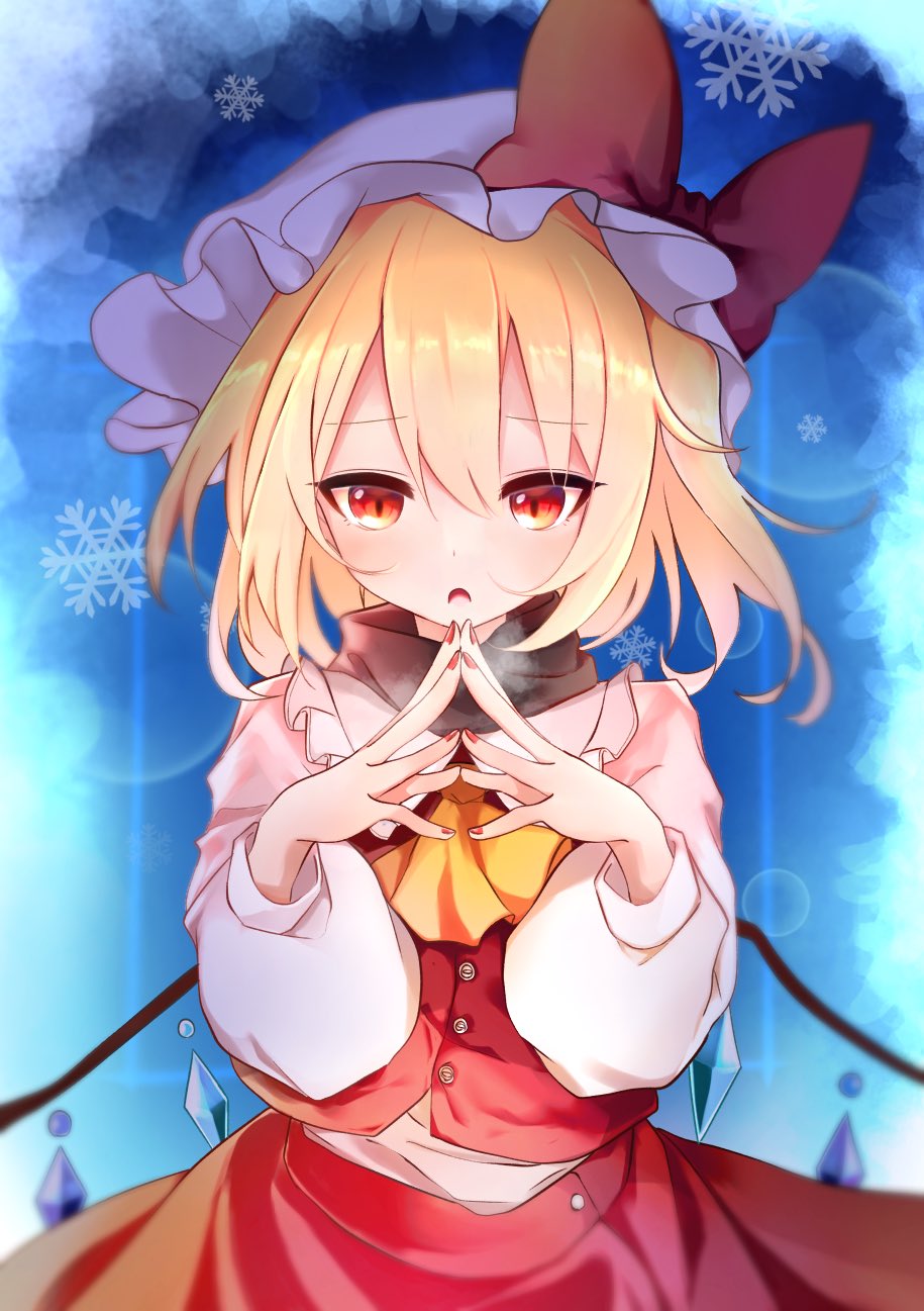 1girl ascot bangs blonde_hair blue_background blush bow brown_scarf buttons collared_shirt commentary_request crystal fingernails flandre_scarlet gradient gradient_background grey_headwear hair_between_eyes hands_up hat hat_bow highres jewelry koroyarou long_sleeves looking_away mob_cap multicolored_wings nail_polish one_side_up open_mouth own_hands_together puffy_long_sleeves puffy_sleeves red_bow red_eyes red_nails red_skirt red_vest scarf shirt short_hair skirt skirt_set snowflakes solo standing steam tongue touhou vest white_shirt wings yellow_ascot
