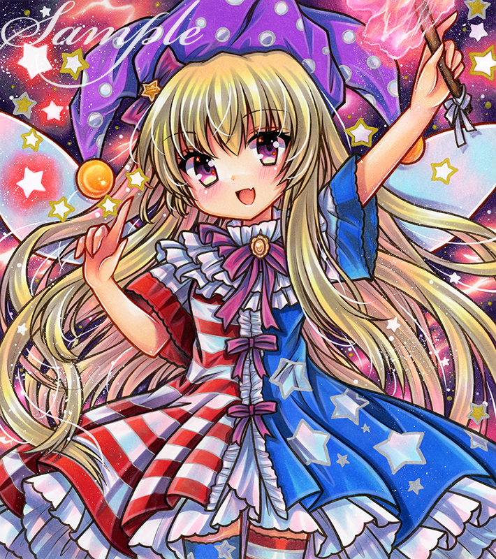 1girl :d american_flag_dress american_flag_legwear arm_up bangs blonde_hair blue_dress blush brooch clownpiece cowboy_shot dress fairy_wings fang hat holding index_finger_raised jester_cap jewelry long_hair looking_at_viewer marker_(medium) multicolored_clothes multicolored_dress neck_ruff open_mouth polka_dot_headwear print_dress purple_hair purple_headwear purple_ribbon red_dress ribbon rui_(sugar3) sample_watermark short_sleeves smile solo star_(symbol) star_print striped striped_dress thigh-highs touhou traditional_media very_long_hair wings