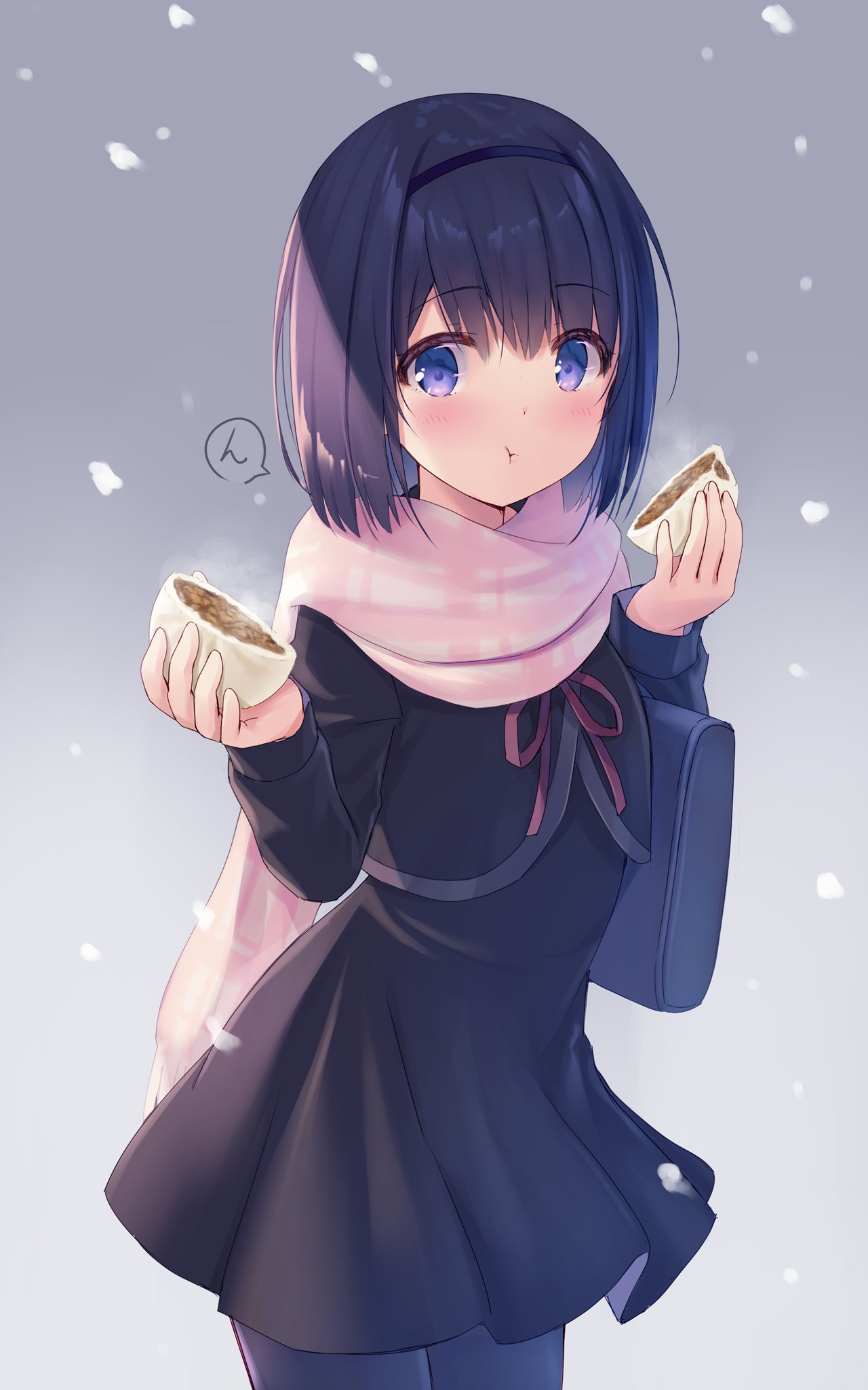 1girl bag baozi black_dress blue_eyes blue_pantyhose blush commentary_request cowboy_shot dress eating food hairband hands_up highres holding holding_food long_sleeves looking_at_viewer na-ga neck_ribbon original outdoors pantyhose pink_scarf purple_hair ribbon scarf school_bag short_hair snowing solo standing translation_request winter_clothes
