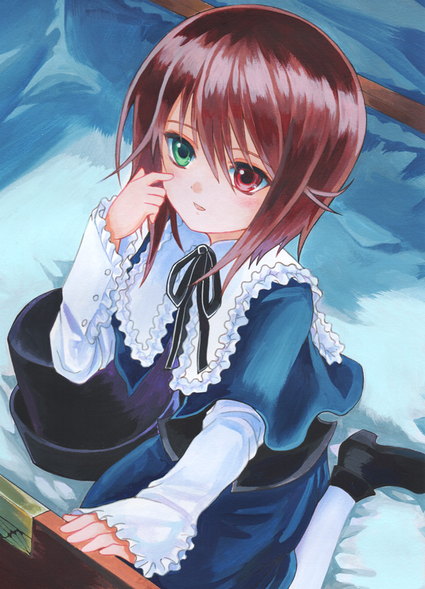 1girl akuru_(akr369akr) bangs black_footwear black_headwear black_ribbon blue_capelet blue_pants brown_hair capelet green_eyes hair_between_eyes hand_up hat hat_removed headwear_removed heterochromia kneeling long_sleeves medium_hair neck_ribbon open_mouth pants pantyhose red_eyes ribbon rozen_maiden shoes smile solo souseiseki top_hat traditional_media white_pantyhose