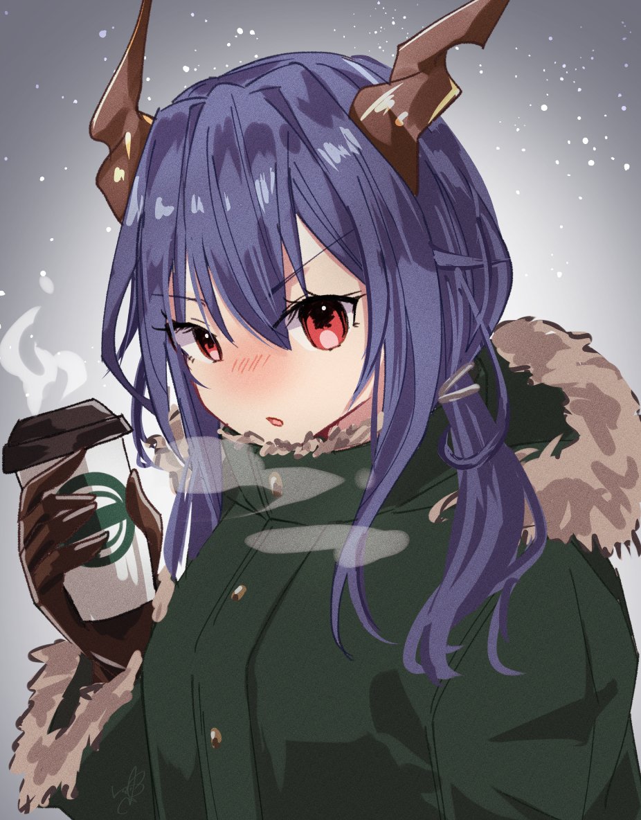 1girl arknights bangs blush brown_gloves ch'en_(arknights) coffee_cup commentary_request cup disposable_cup fur-trimmed_hood fur-trimmed_sleeves fur_trim gloves green_jacket hair_between_eyes hair_over_shoulder holding holding_cup hood hood_down hooded_jacket horns jacket long_hair long_sleeves looking_away low_twintails nose_blush parted_lips solo tsuyuki_yuki twintails v-shaped_eyebrows