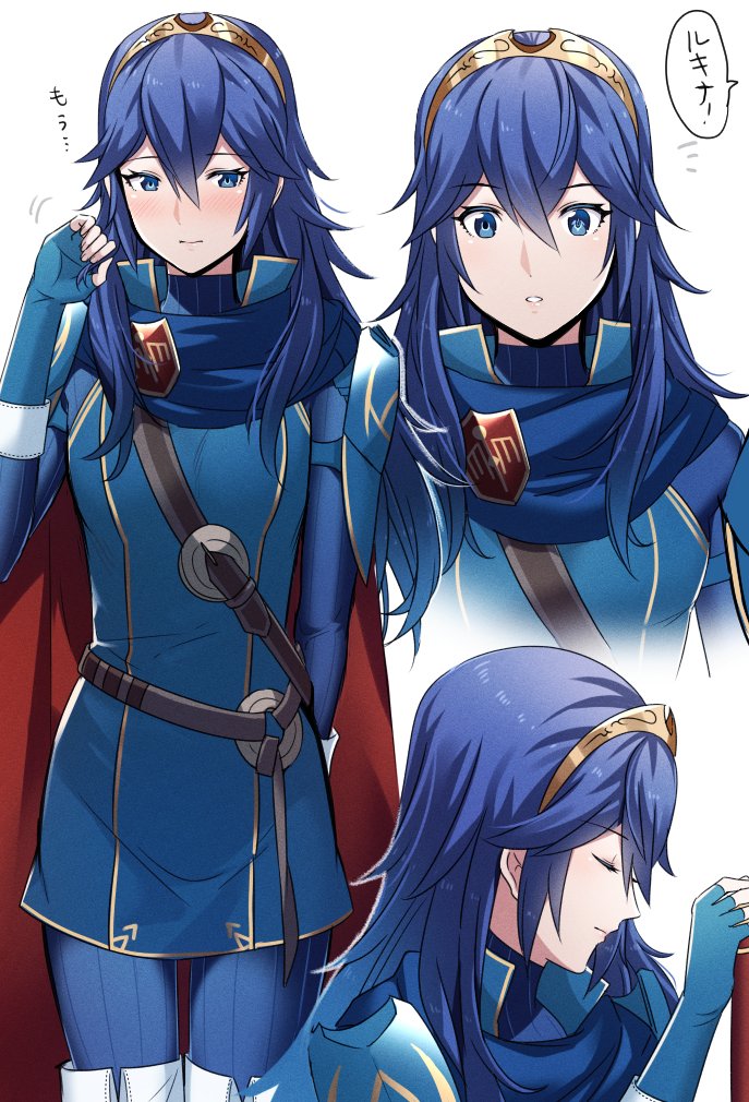1girl ameno_(a_meno0) bangs belt blue_cape blue_eyes blue_gloves blue_hair blue_sweater blush brown_belt cape closed_eyes closed_mouth falchion_(fire_emblem) fingerless_gloves fire_emblem fire_emblem_awakening gloves hair_between_eyes holding holding_sword holding_weapon jewelry long_hair lucina_(fire_emblem) multiple_views profile red_cape ribbed_sweater simple_background speech_bubble sweater sword tiara translation_request turtleneck turtleneck_sweater two-tone_cape weapon white_background