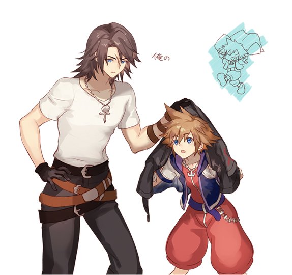 2boys bangs belt black_gloves black_pants blue_eyes chain_necklace cowboy_shot final_fantasy final_fantasy_viii gloves hair_between_eyes hand_on_hip hood hood_down hooded_jacket jacket jacket_on_head jewelry kingdom_hearts looking_at_another male_focus medium_hair multiple_belts multiple_boys necklace pants parted_bangs parted_lips puffy_shorts red_shirt red_shorts sasanomesi scar scar_on_face scar_on_forehead shirt short_hair short_sleeves shorts sora_(kingdom_hearts) spiky_hair squall_leonhart t-shirt white_background white_shirt