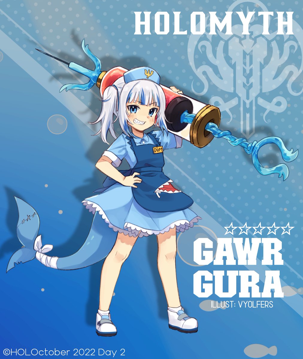 1girl apron artist_name bandages blue_eyes blue_hair commentary dress english_commentary english_text fish_tail gawr_gura grey_hair hat highres holding holding_syringe hololive hololive_english large_syringe looking_at_viewer multicolored_hair name_tag nurse nurse_cap oversized_object shark_girl shark_tail sharp_teeth shoes short_sleeves side_ponytail skirt smile sneakers solo stitches streaked_hair syringe tail teeth virtual_youtuber vyolfers white_footwear