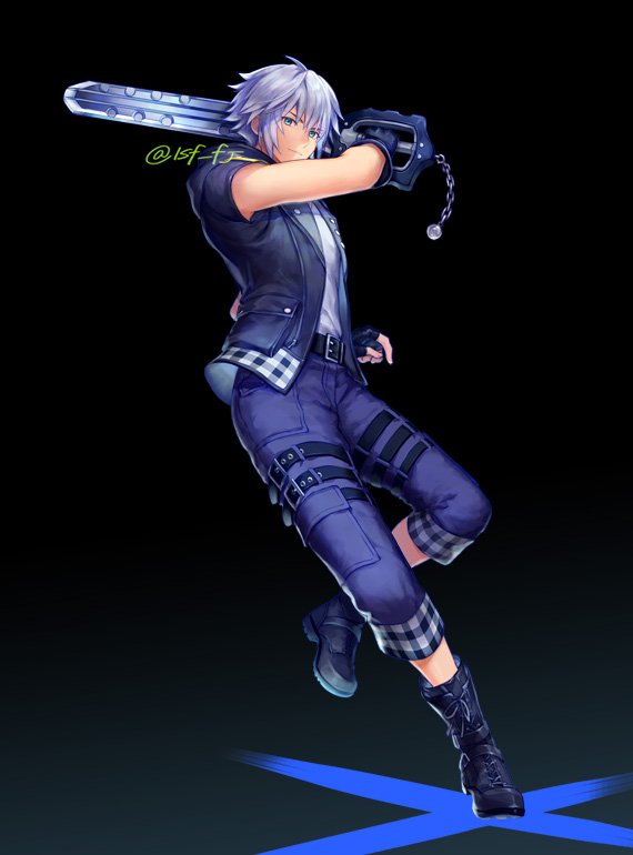 1boy aqua_eyes black_background black_footwear black_gloves black_jacket blue_pants boots fingerless_gloves full_body gloves grey_hair hair_between_eyes holding holding_weapon jacket keyblade kingdom_hearts kingdom_hearts_iii looking_at_viewer male_focus over_shoulder pants plaid riku_(kingdom_hearts) sasanomesi shirt short_hair short_sleeves solo thigh_strap twitter_username weapon weapon_over_shoulder white_shirt