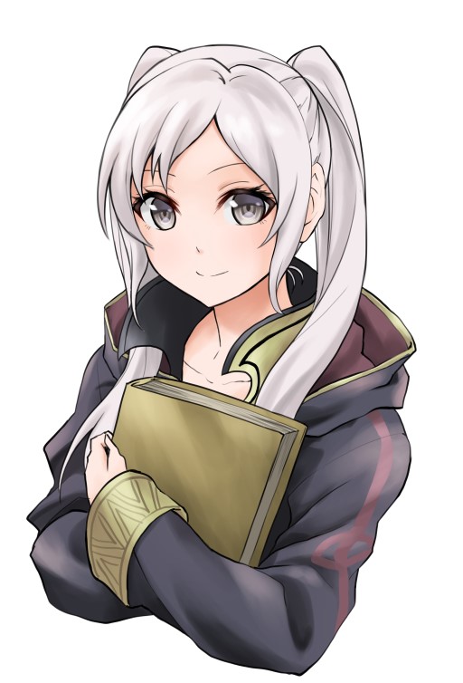1girl black_coat book closed_mouth coat collarbone eyelashes fire_emblem fire_emblem_awakening grey_eyes holding holding_book long_hair long_sleeves looking_at_viewer robin_(fire_emblem) robin_(fire_emblem)_(female) simple_background smile solo split_mouth ten_(tenchan_man) twintails upper_body white_background white_hair