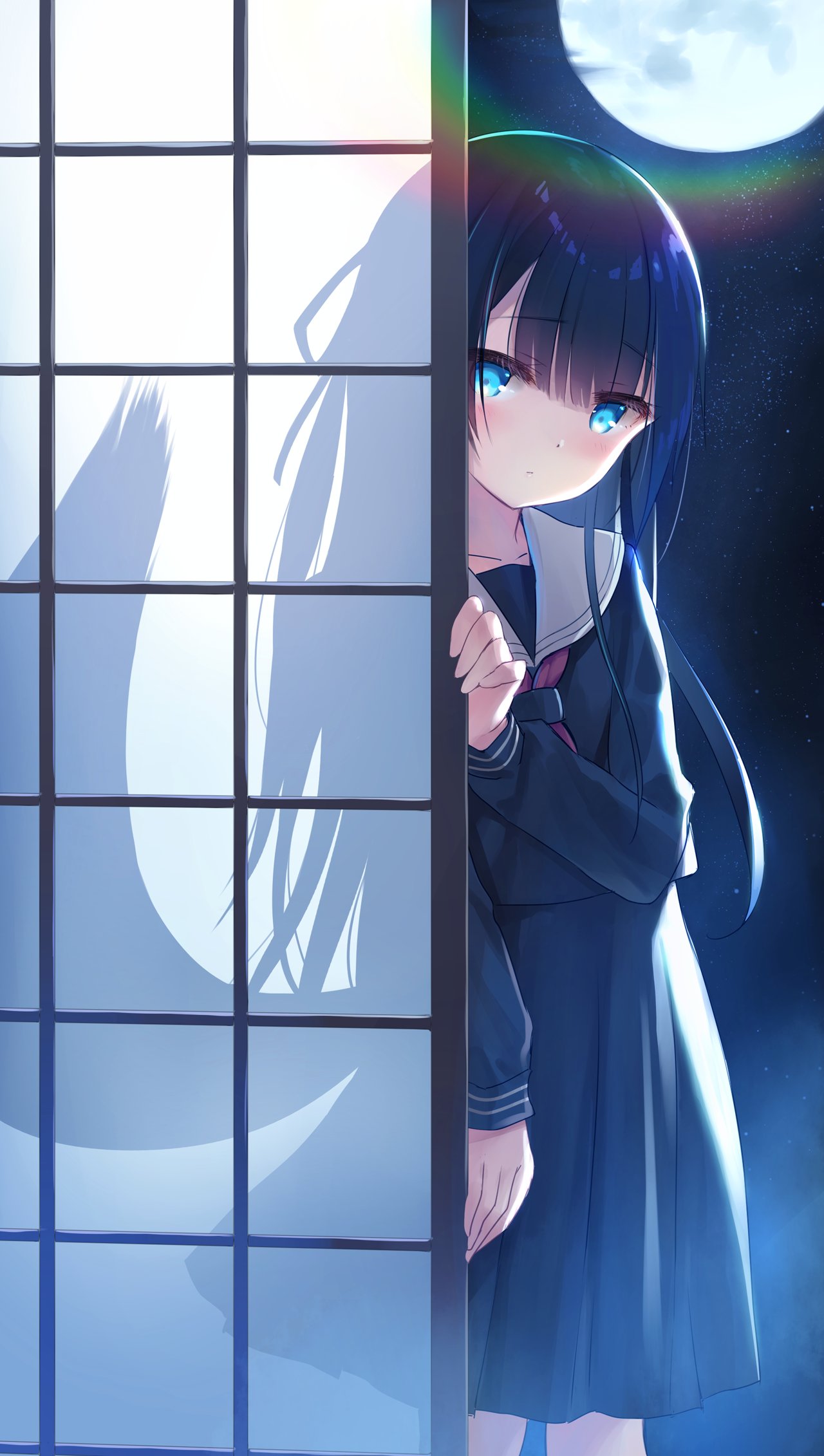 1girl architecture bangs black_dress black_hair black_serafuku blue_eyes closed_mouth commentary dress east_asian_architecture feet_out_of_frame full_moon hair_ribbon highres long_hair long_sleeves looking_at_viewer moon moonlight na-ga neckerchief night night_sky original red_neckerchief ribbon sailor_collar school_uniform serafuku shouji sky sliding_doors solo standing star_(sky) starry_sky tail white_sailor_collar wolf_tail