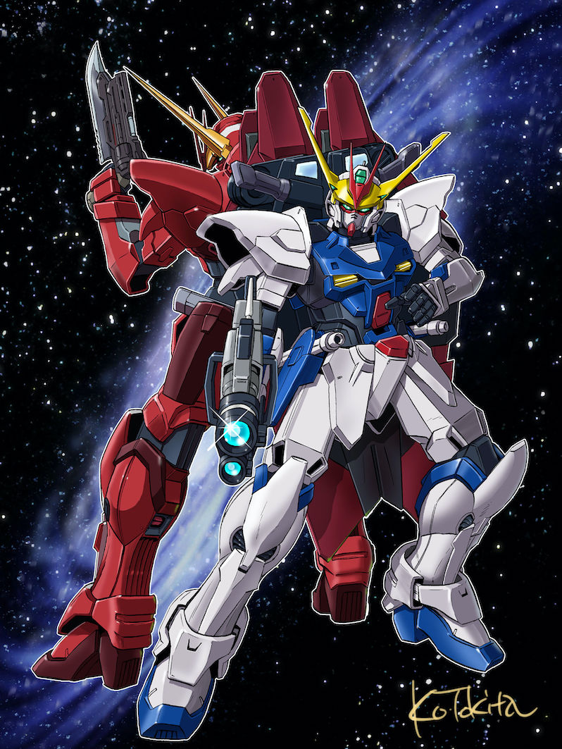 artist_name back-to-back bayonet full_body gun gundam gundam_astray_out_frame_d gundam_seed gundam_seed_destiny gundam_seed_destiny_astray head_tilt holding holding_gun holding_weapon mecha no_humans open_hand robot science_fiction space testament_gundam tokita_kouichi v-fin weapon