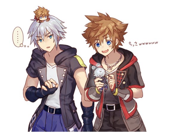 ... 2boys aqua_eyes belt belt_buckle black_belt black_gloves black_pants blue_eyes blue_pants blush brown_hair buckle chain_necklace chibi fingerless_gloves gloves grey_gloves grey_hair grey_shirt hair_between_eyes hood hood_down hooded_jacket jacket jewelry kingdom_hearts kingdom_hearts_iii male_focus multiple_boys necklace open_mouth pants parted_lips riku_(kingdom_hearts) sasanomesi shirt short_hair short_sleeves smile sora_(kingdom_hearts) spiky_hair upper_body white_background white_shirt