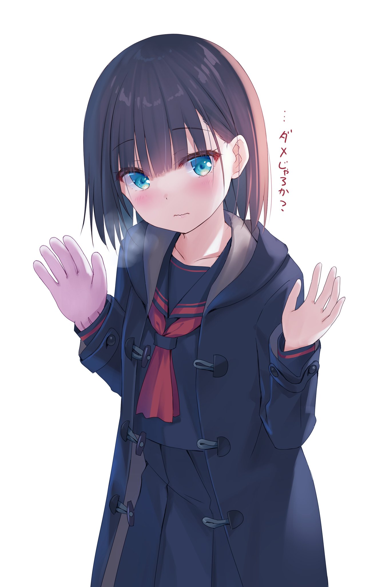 1girl :| bangs blue_coat blue_eyes blue_sailor_collar blue_serafuku blue_skirt blush brown_hair closed_mouth coat collarbone commentary_request cowboy_shot gloves hair_between_eyes hands_up highres long_sleeves looking_at_viewer medium_hair na-ga neckerchief open_clothes open_coat original pleated_skirt red_neckerchief sailor_collar school_uniform serafuku simple_background single_glove skirt solo standing translation_request white_background