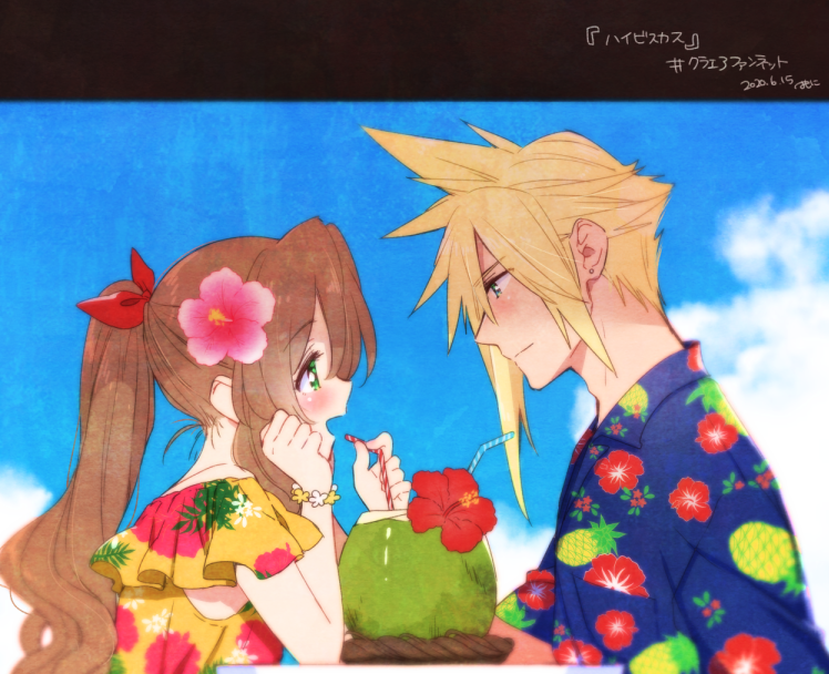 1boy 1girl aerith_gainsborough alternate_costume bangs blonde_hair blue_eyes blue_shirt blush breasts brown_hair cloud_strife coconut collared_shirt dress drinking_straw earrings final_fantasy final_fantasy_vii final_fantasy_vii_remake floral_print flower frilled_sleeves frills green_eyes hair_between_eyes hair_flower hair_ornament hair_ribbon hawaiian_shirt hibiscus jewelry krudears long_hair looking_at_another medium_breasts open_mouth outdoors parted_bangs pineapple_print pink_flower ponytail profile red_ribbon ribbon shared_drink shirt short_hair short_sleeves sidelocks single_earring smile spiky_hair teeth tropical_drink upper_teeth yellow_dress