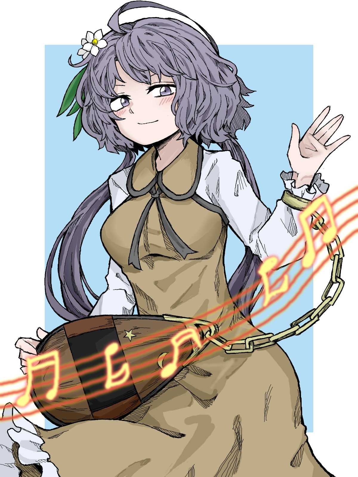 1girl beamed_eighth_notes beamed_sixteenth_notes biwa_lute blush brown_dress chain closed_mouth dress eighth_note fe_(tetsu) flower frilled_dress frills hair_flower hair_ornament highres instrument long_hair long_sleeves lute_(instrument) musical_note purple_hair sixteenth_note smile solo touhou tsukumo_benben upper_body violet_eyes white_flower