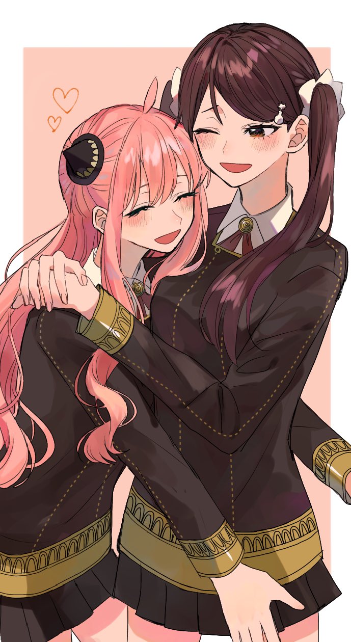 2girls aged_up anya_(spy_x_family) arms_around_neck bangs becky_blackbell blush brown_eyes brown_hair closed_eyes eden_academy_uniform hair_ornament hairclip hairpods heart highres hug long_hair long_sleeves multiple_girls one_eye_closed parted_lips pink_hair porucheee school_uniform spy_x_family twintails