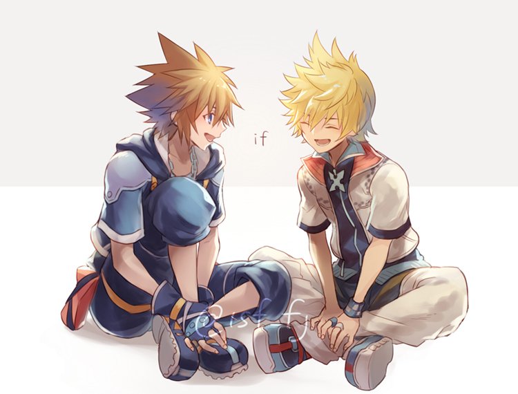 2boys black_shorts blonde_hair blue_eyes brown_hair chain_necklace closed_eyes full_body grey_background hair_between_eyes hood hood_down hooded_jacket hugging_own_legs indian_style jacket jewelry kingdom_hearts kingdom_hearts_ii laughing looking_at_another male_focus multicolored_clothes multicolored_jacket multiple_boys necklace open_mouth pants roxas sasanomesi shoes short_hair short_sleeves shorts sitting sneakers sora_(kingdom_hearts) spiky_hair twitter_username two-tone_background white_background white_pants