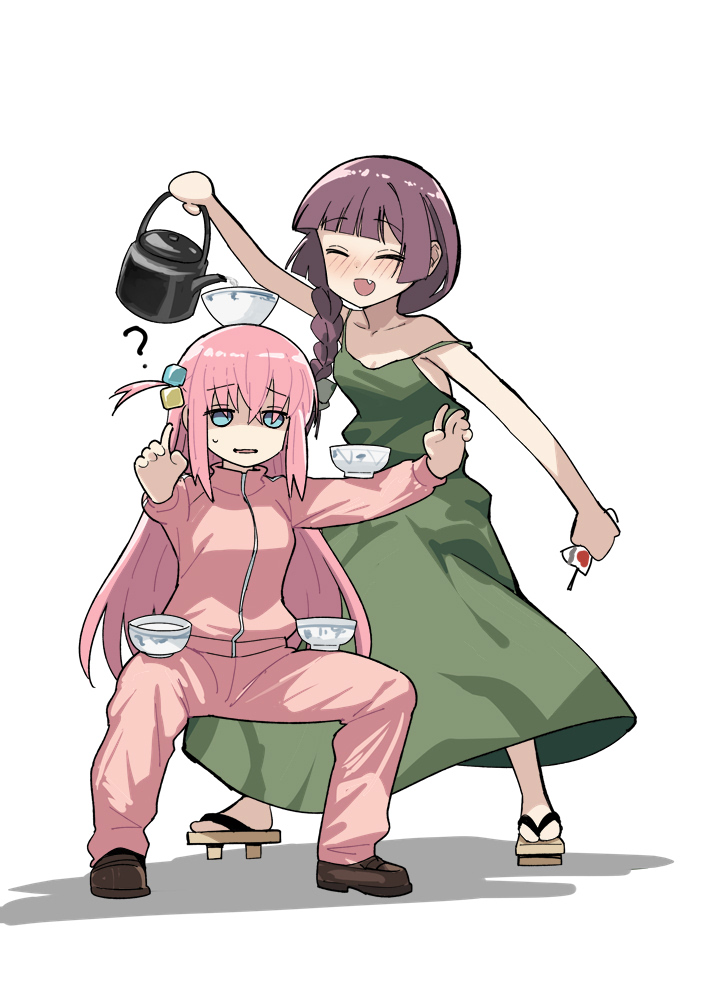 2girls :d ? balancing blue_eyes blush bocchi_the_rock! bowl braid brown_hair closed_eyes dress drunk drunken_master fang geta gotou_hitori hiroi_kikuri horse_stance jacket kettle long_hair multiple_girls pants parody pink_hair pouring shaded_face smile spaghetti_strap track_jacket track_pants track_suit twinpoo