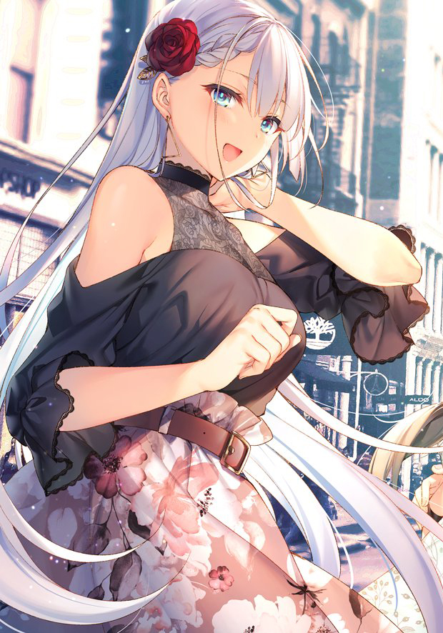 1girl bare_shoulders belt blue_eyes breasts floral_print flower hair_flower hair_ornament large_breasts long_hair looking_at_viewer lyseria_christaria official_art open_mouth seiken_gakuin_no_maken_tsukai smile solo white_hair