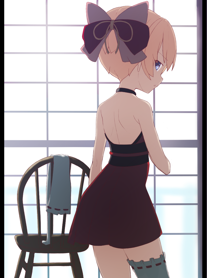 1girl alternate_hairstyle back backlighting black_bow black_dress blanc_(neptune_series) blonde_hair blue_eyes bow choujigen_game_neptune commentary_request commission cowboy_shot dress from_behind grey_thighhighs hair_bow halterneck kayabakoro looking_at_viewer looking_back neptune_(series) parted_lips partial_commentary pixiv_commission ribbon-trimmed_thighhighs short_dress short_hair single_thighhigh sleeveless sleeveless_dress solo standing thigh-highs thighhighs_removed window wooden_chair