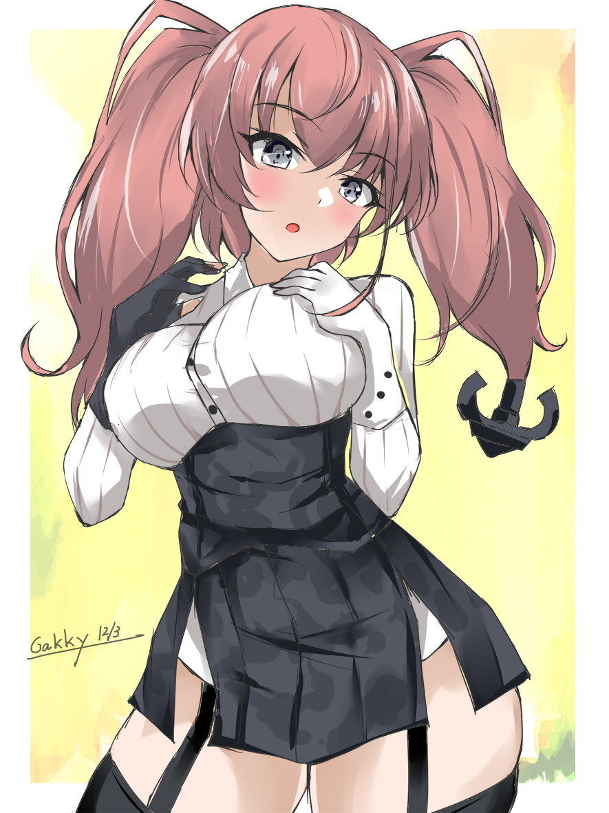 1girl anchor_hair_ornament artist_name atlanta_(kancolle) black_gloves black_skirt border breasts brown_hair dated dress_shirt gakky garter_straps gloves grey_eyes hair_ornament hands_on_own_chest high-waist_skirt kantai_collection large_breasts long_hair long_sleeves looking_at_viewer no_headwear open_mouth partially_fingerless_gloves shirt skirt solo suspender_skirt suspenders thigh_strap twintails two-tone_gloves white_border white_gloves white_shirt yellow_background