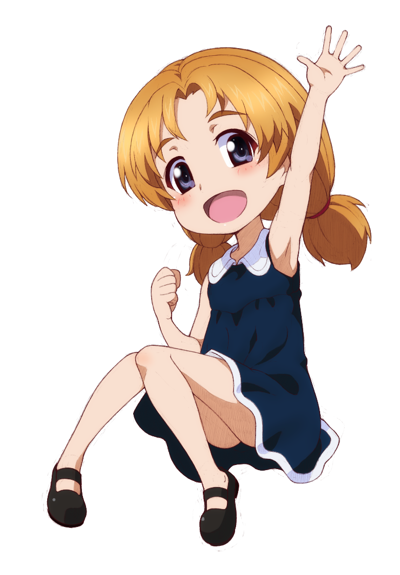 1girl aged_down arm_up bangs black_footwear blue_dress blue_eyes collared_dress commentary commission dress hair_tie invisible_chair kayabakoro looking_at_viewer low_twintails mary_janes medium_hair no_socks open_mouth orange_hair orange_pekoe_(girls_und_panzer) parted_bangs pixiv_commission shoes short_dress simple_background sitting sleeveless sleeveless_dress smile solo twintails waving white_background