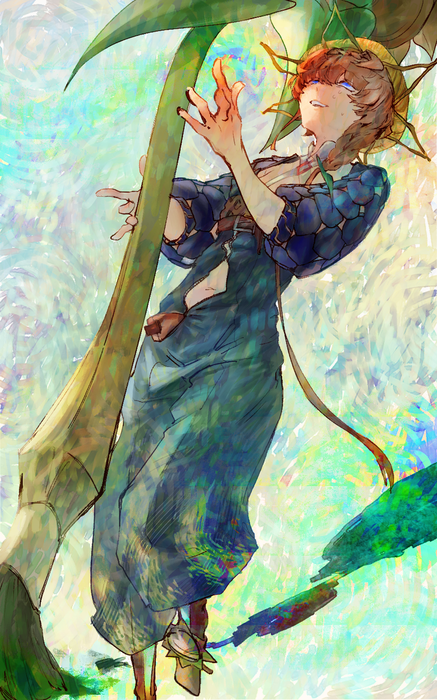 1girl armpit_crease bangs belt blue_eyes blue_overalls braid brown_belt brush_stroke collar crown_braid detached_collar fate/grand_order fate_(series) faux_traditional_media flower from_below full_body hat highres holding holding_flower holding_paintbrush looking_up multiple_belts mumi_(mumiske) navel nervous_smile open_clothes orange_footwear orange_hair overalls paintbrush painting_(medium) puffy_pants raised_eyebrows short_hair_with_long_locks side_braid sleeves_past_elbows smile solo straw_hat sunflower sweat swirl traditional_media van_gogh_(fate) white_collar yellow_headwear zipper zipper_pull_tab