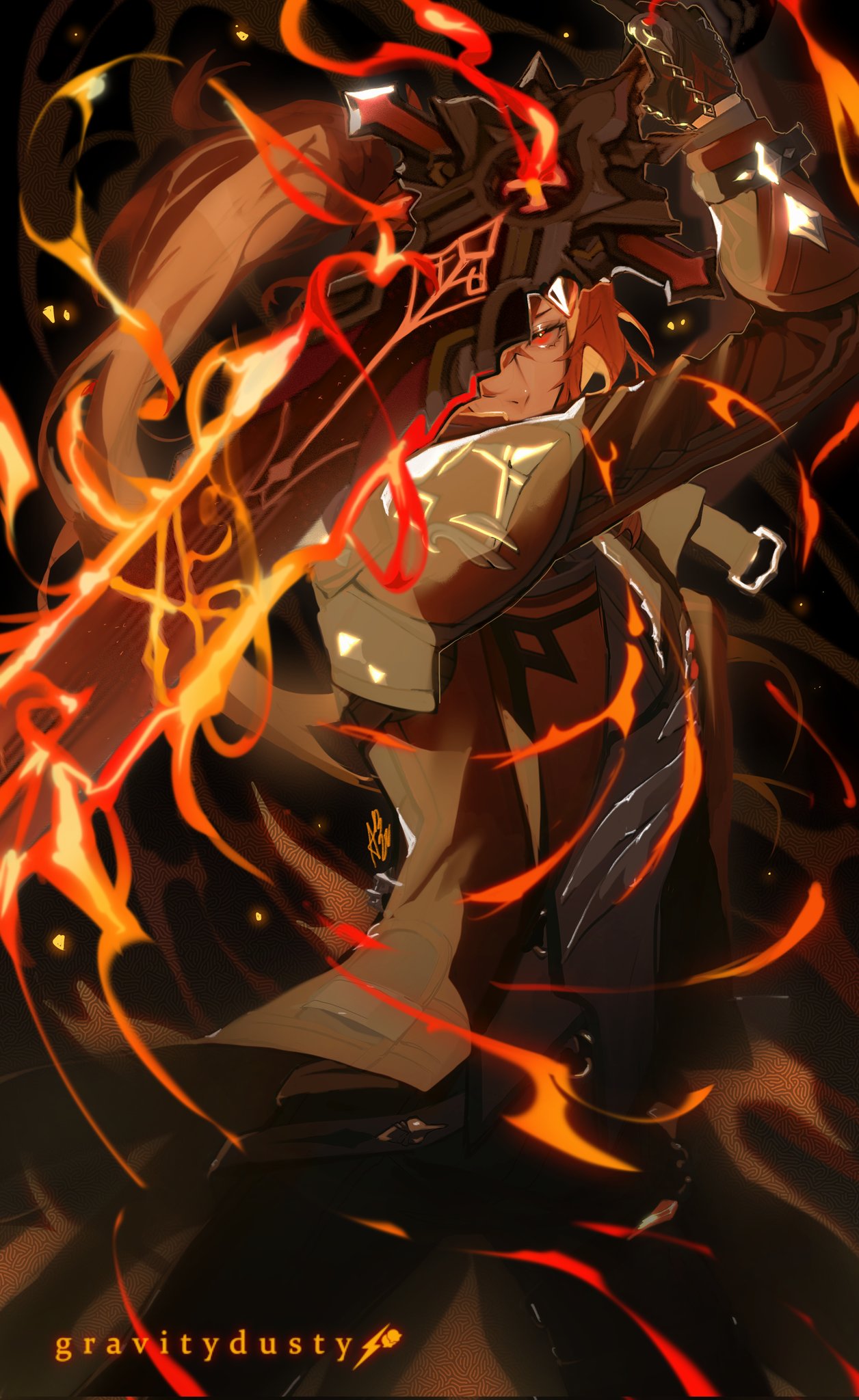 1boy artist_name black_gloves black_jacket black_suit cowboy_shot diluc_(genshin_impact) fighting_stance fire formal genshin_impact gloves gravitydusty hair_between_eyes highres holding holding_sword holding_weapon jacket long_hair looking_at_viewer male_focus ponytail red_eyes redhead solo suit sword weapon