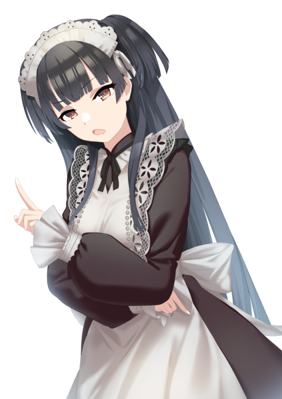 1girl alternate_costume apron bangs black_dress black_hair brown_eyes commentary_request dress enmaided idolmaster idolmaster_shiny_colors long_hair long_sleeves maid maid_apron maid_headdress mayuzumi_fuyuko o_(rakkasei) puffy_long_sleeves puffy_sleeves simple_background sleeves_past_wrists solo very_long_hair white_apron white_background