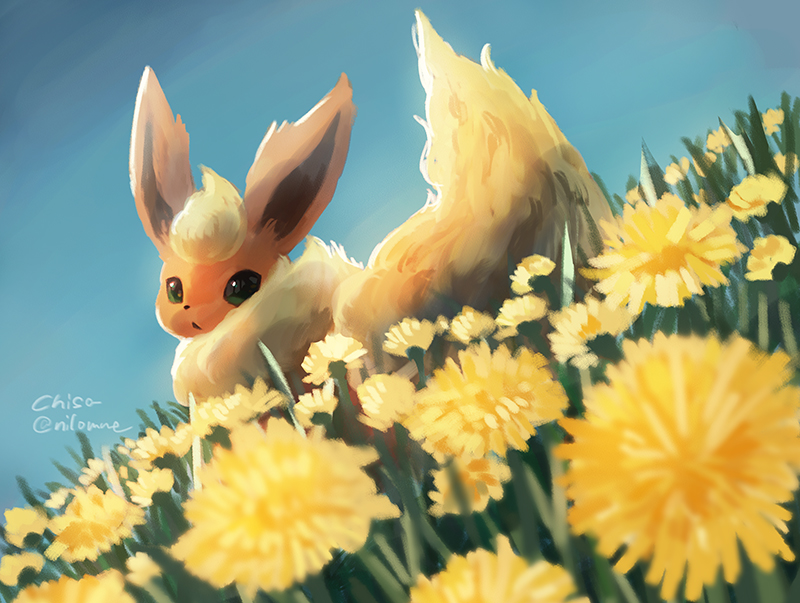 commentary_request day flareon flower grass green_eyes looking_at_viewer looking_back momomo12 outdoors pokemon signature yellow_flower yellow_fur