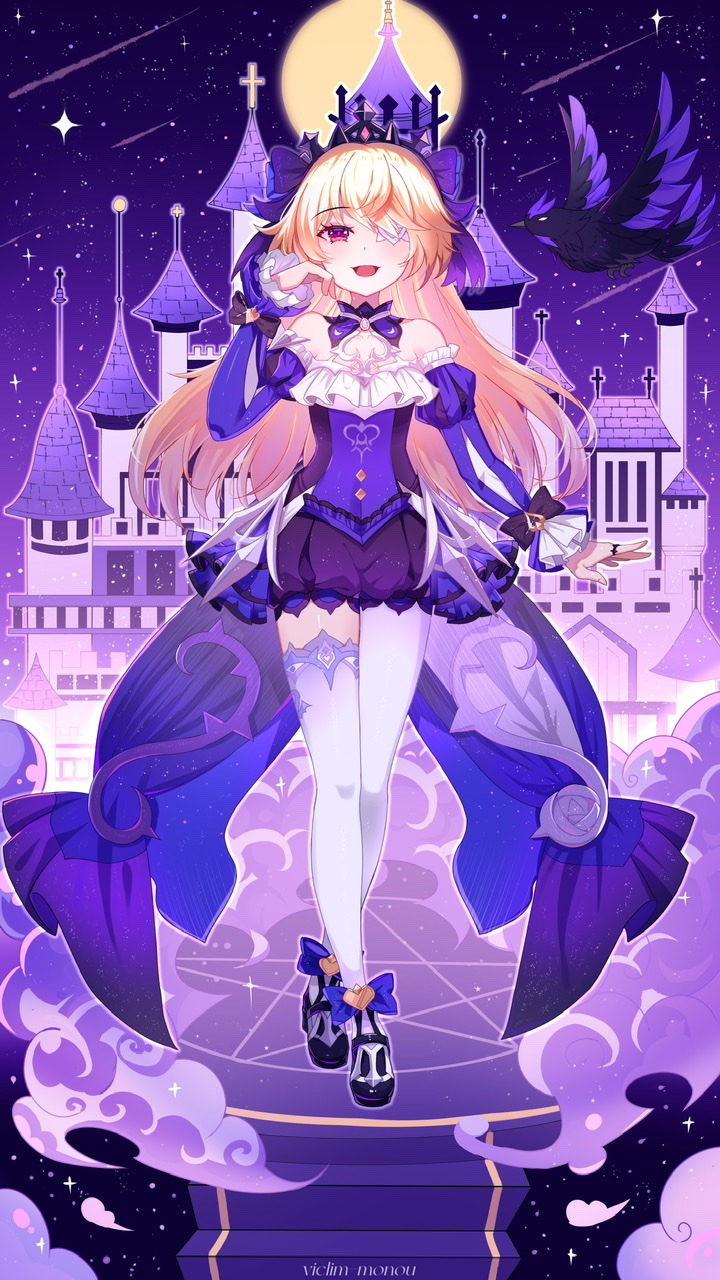 1girl :d asymmetrical_legwear bangs blonde_hair castle choker commentary detached_sleeves english_commentary eyepatch fischl_(ein_immernachtstraum)_(genshin_impact) fischl_(genshin_impact) full_body full_moon genshin_impact highres jewelry long_hair long_sleeves looking_at_viewer moon night night_sky official_alternate_costume oz_(genshin_impact) red_eyes ring sidelocks sky skyline smile standing star_(sky) starry_sky tiara viclim-monou