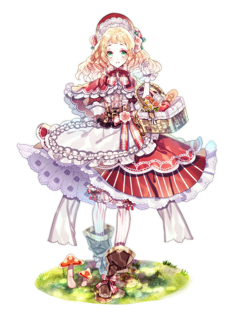 1girl :d ankle_boots apple apron back_bow bangs basket blonde_hair bonnet boots bottle bow bread brown_footwear capelet center_frills corset curly_hair daisy dress floral_print flower food footwear_bow frilled_apron frilled_capelet frilled_dress frills fruit gloves grass green_eyes hand_up hat hat_flower kazenagi_hikari kneehighs layered_dress little_red_riding_hood little_red_riding_hood_(grimm) looking_at_viewer medium_hair mushroom orange_flower orange_rose original picnic_basket pink_flower pink_rose red_bow red_capelet red_dress red_headwear rock rose simple_background smile socks solo striped striped_socks vertical-striped_socks vertical_stripes waist_apron white_background white_gloves white_socks wine_bottle